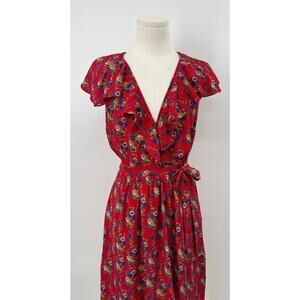 Anthropologie Maeve Red Floral Ruffle Wrap Mini Dress Flutter Sleeve Cottage 6